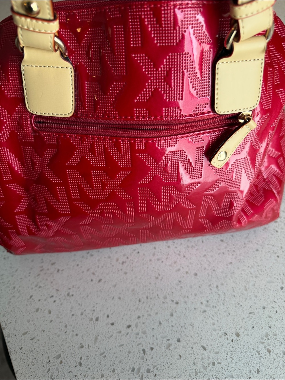 Patent Hot Pink Shoulder Bag with Tan Handles - Picture 9 of 10